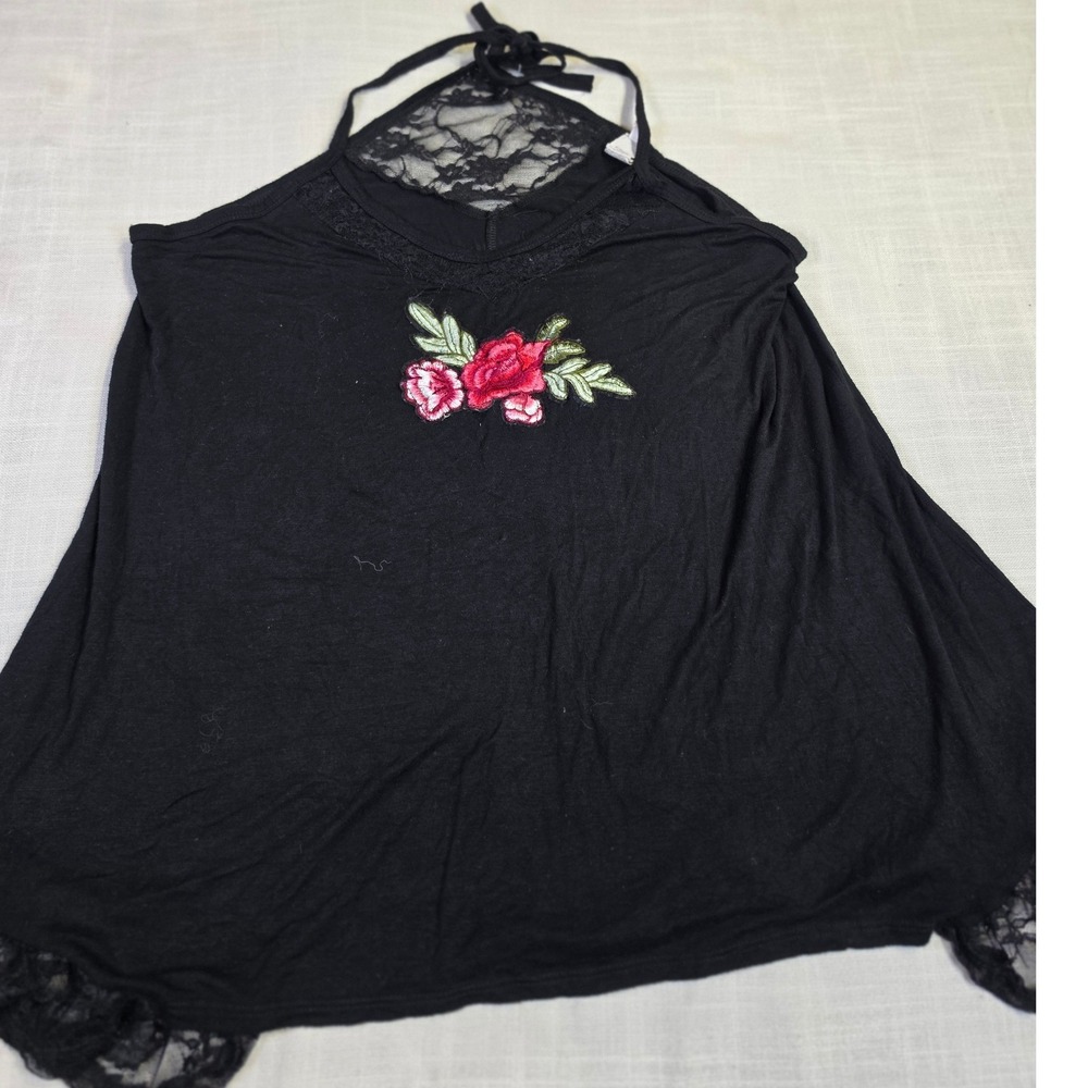 Liberty Wear Black Halter Top Floral Rose Lace Three Twisted Sisters Graphic L